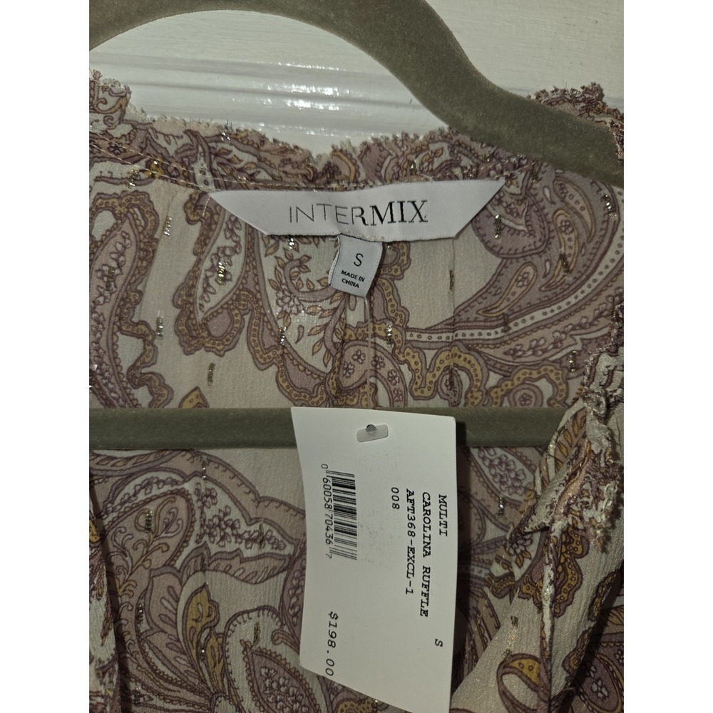 NWT Intermix Carolina Silk Chiffon Ruffle Blouse Paisley Gold Metallic Thread. S - Picture 3 of 8